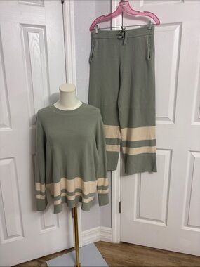 Two-Piece Sage and Cream Stripe 2 piece Set